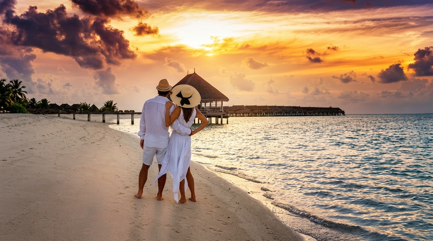 Pareja desfrutando de una puesta de sol en la playa